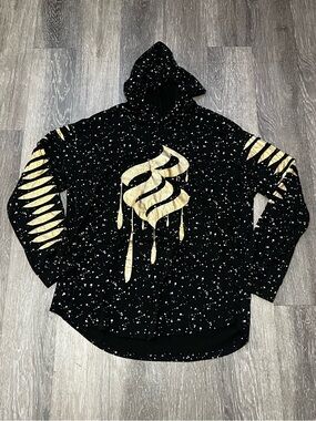 Rocawear Paint Splatter Distressed Tear Hoodie Men's XL Black Gold Lightweight